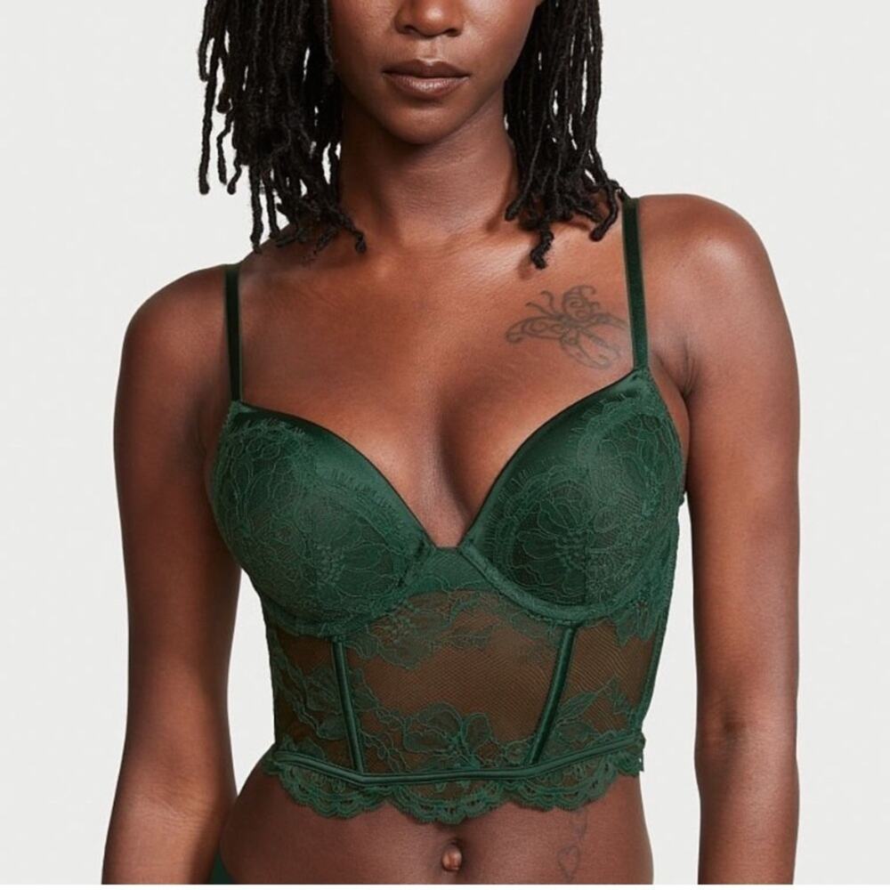 Victoria’s Secret Green Lace Corset Longline Push Up Bombshell Add 2 Cups 36C